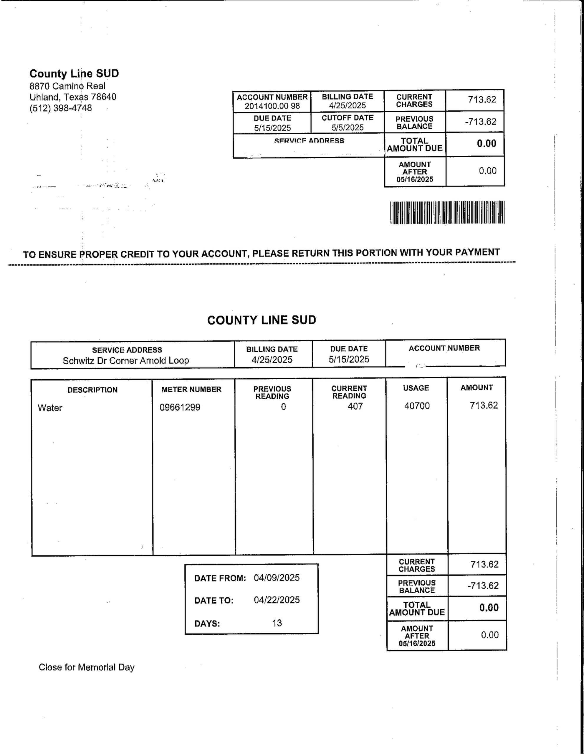 Example Temp Water Bill